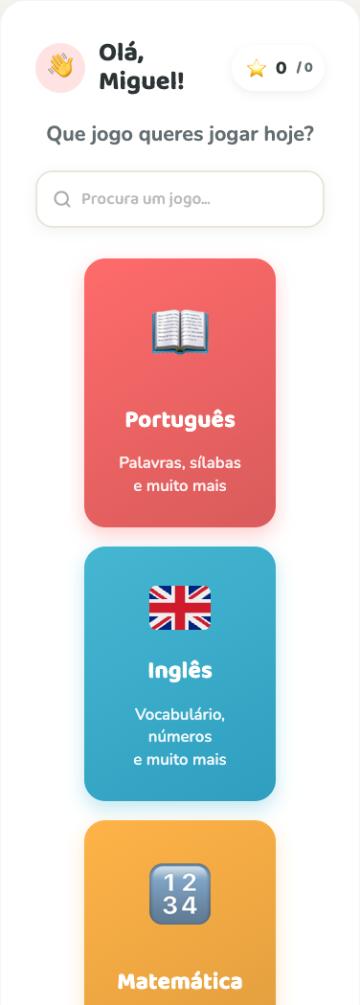 Menu principal com as categorias de jogos
