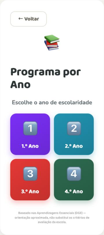 Ecrã de escolha de ano no Programa por Ano