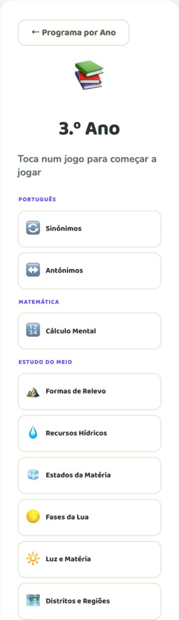 Lista de jogos agrupados por disciplina para o ano escolhido
