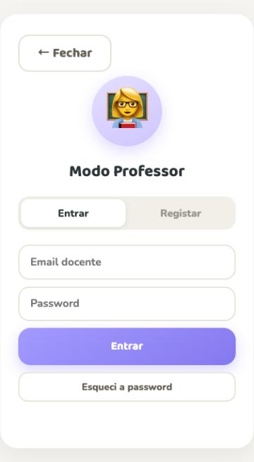 Ecrã de entrada do Modo Professor